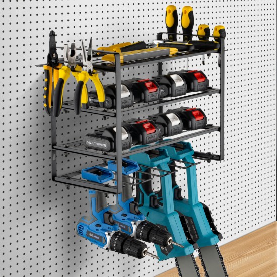 4-Tier Wall-Mounted Power Tool Organizer & Drill Holder Rack, Heavy-Duty Carbon Steel Garage Storage for Cordless Drills